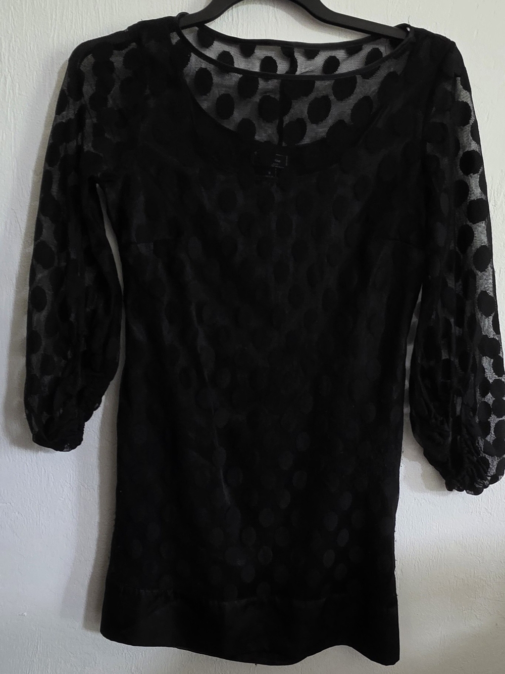 Y2K Dressbarn Black Flocked Polka Dot Mesh Dress Sz 8 Whimsigoth Flaws